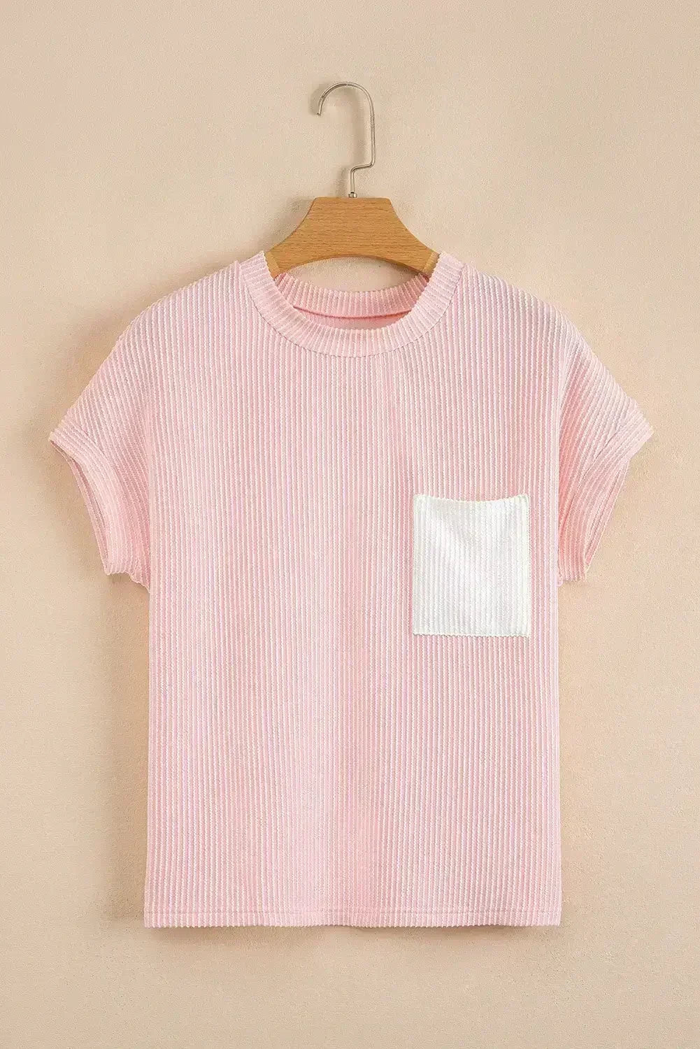 Pink Corded Colorblock Pocket Crew Neck T Shirt - Femstylo