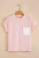 Pink Corded Colorblock Pocket Crew Neck T Shirt - Femstylo