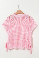 Pink Side Tie Hollow-out Crochet Knit Top