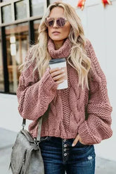 Winter Pink Cuddle Weather Cable Knit Handmade Turtleneck Sweater - Femstylo