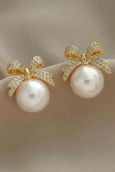 Gold Rhinestone Bowknot Pearl Earrings - Femstylo