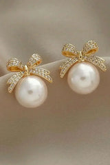 Gold Rhinestone Bowknot Pearl Earrings - Femstylo