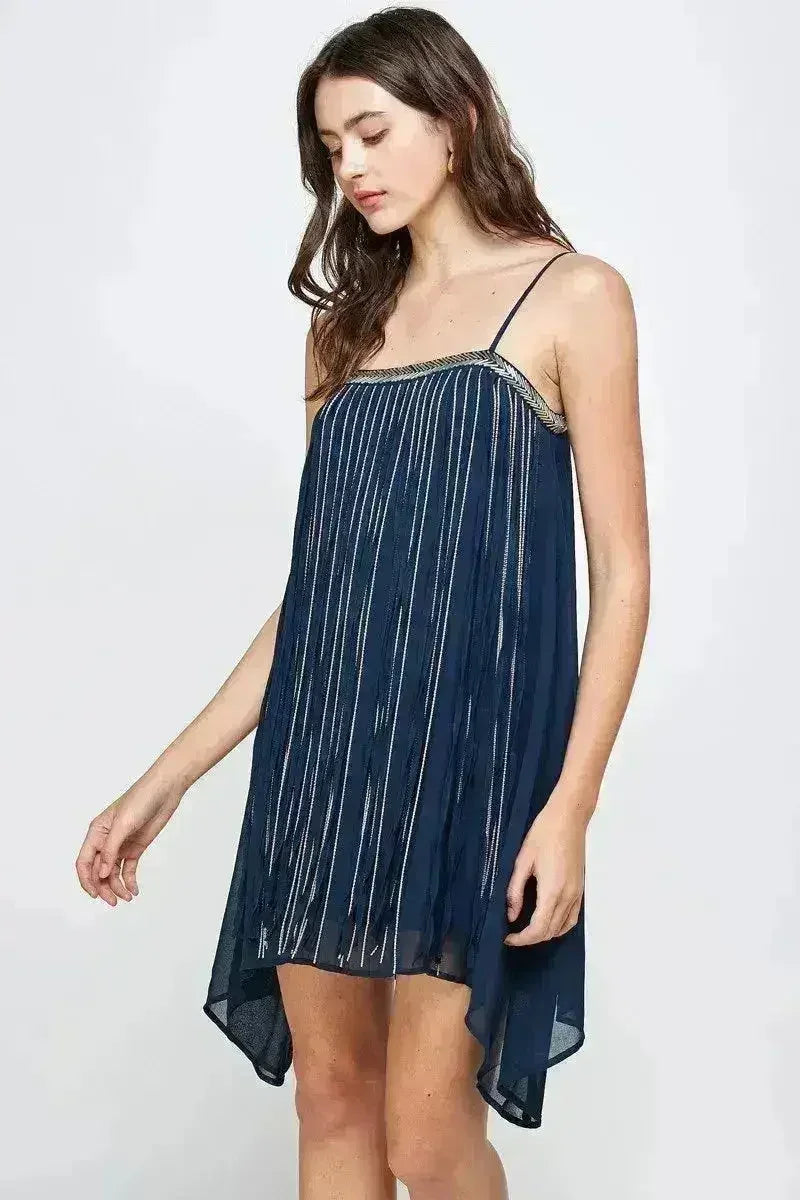 Flowy Sleeveless Mini Dress with Metallic Accents - Femstylo