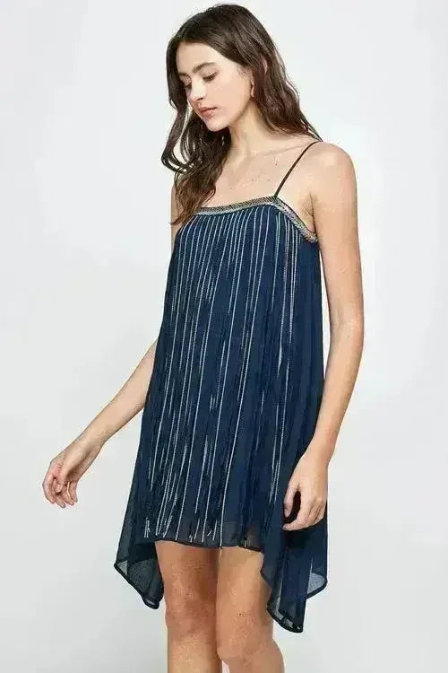 Flowy Sleeveless Mini Dress with Metallic Accents - Femstylo
