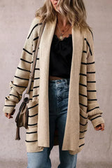Black Stripe Shawl Neckline Open Cardigan with Pockets - Femstylo
