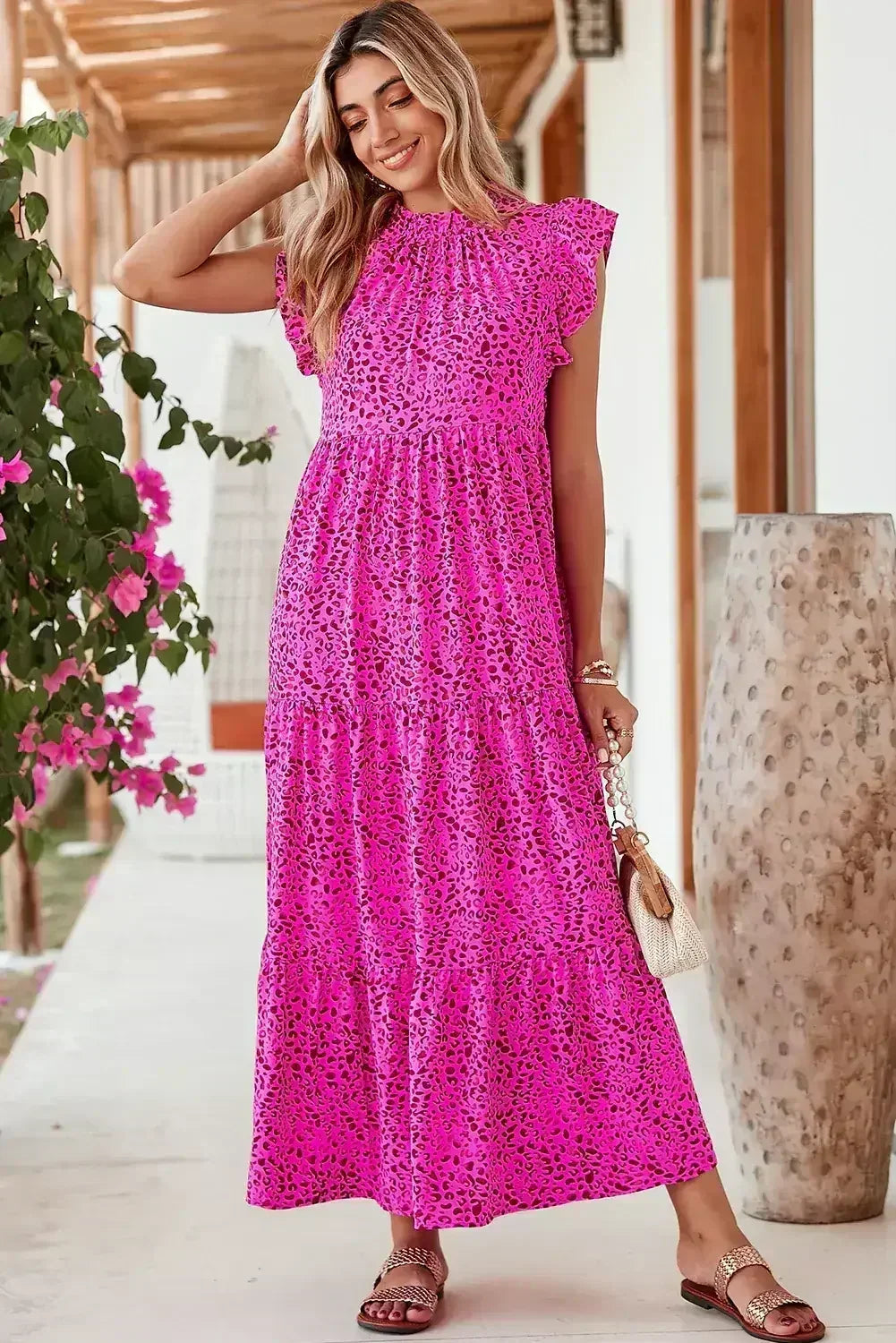 Rose Red Leopard Print Ruffle Sleeveless Maxi Dress - Femstylo