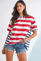 Red Stripe Loose Casual Color Block T Shirt - Femstylo