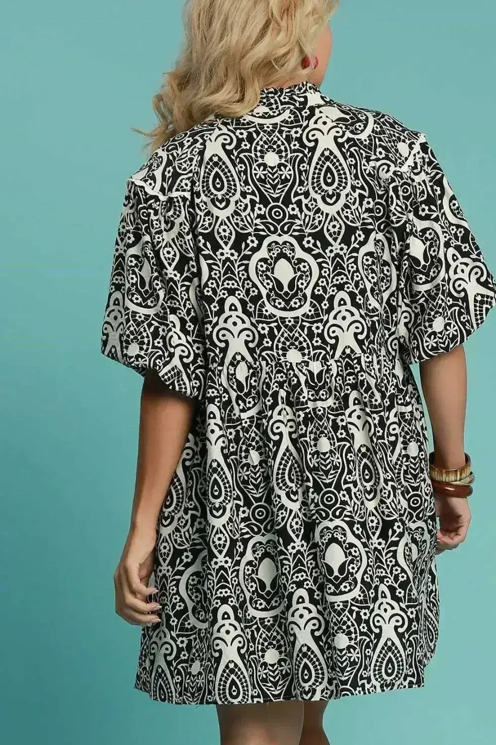 Umgee Full Size Abstract Print Puff Sleeve Dress Plus Size - Femstylo