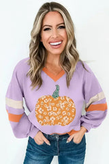 Orchid Bouquet Floral Pumpkin Graphic Color Block Sleeve Sweatshirt - Femstylo
