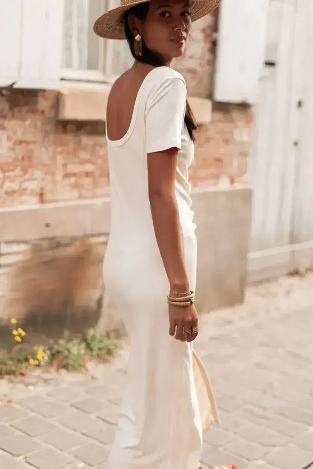 Beige V Neck Ruched Button Front French T-shirt Dress - Femstylo