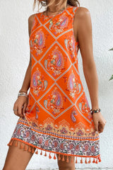 Orange Floral Sleeveless Tassel Trim Shift Mini Dress