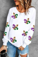 White Sequin MARDI GRAS Graphic Pullover Sweatshirt - Femstylo