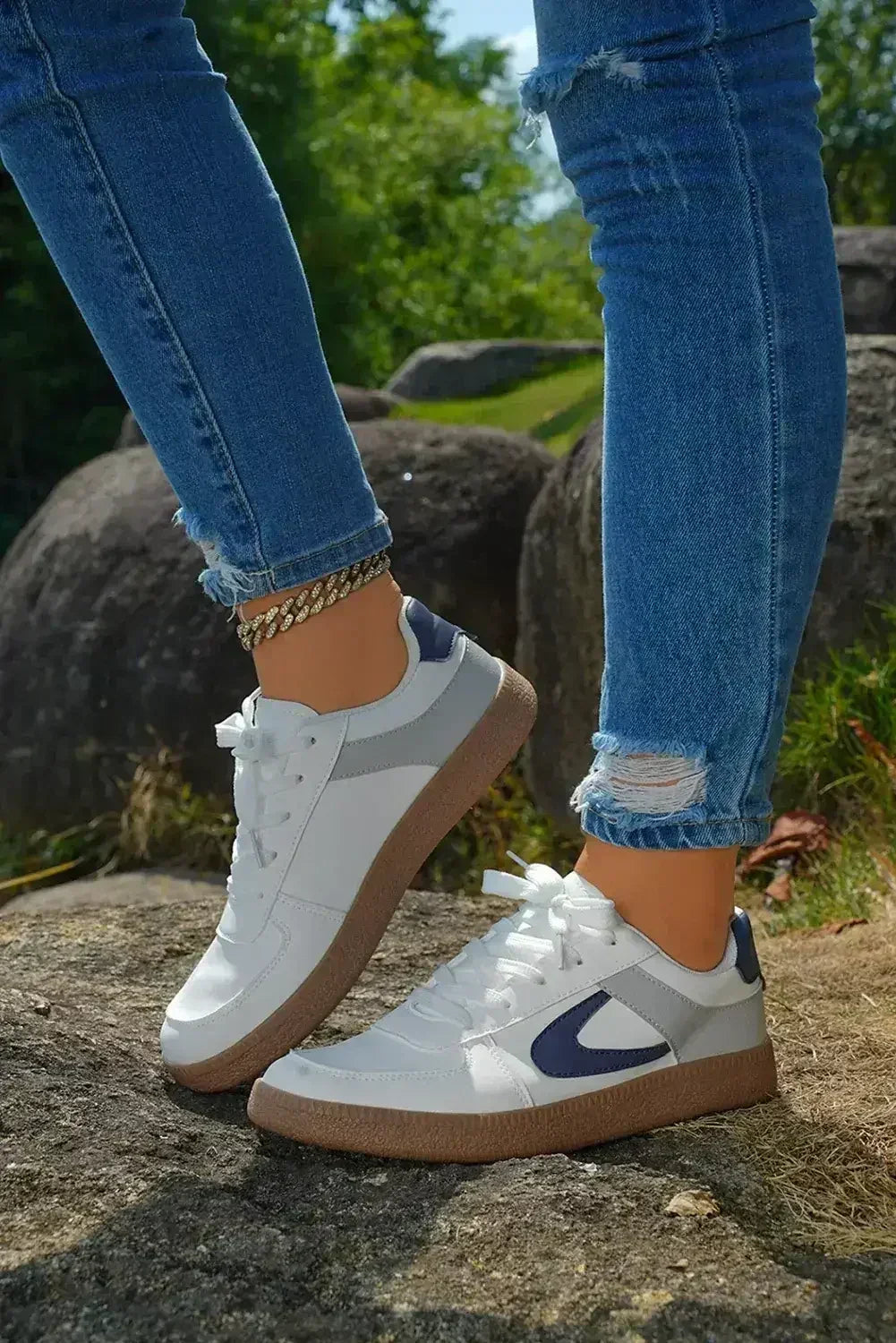 Navy Blue PU Leather Lace Up Sneakers - Femstylo