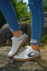 Navy Blue PU Leather Lace Up Sneakers - Femstylo