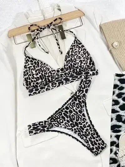 Leopard Cutout Halter Neck Bikini Set - Femstylo