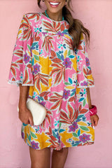 Pink Tropical Floral Bell Sleeve Loose Mini Dress