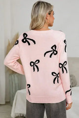 Light Pink Bow Print Long Sleeve Loose Fit Sweater - Femstylo