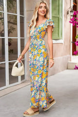 Yellow Floral Allover Print Shirred Cut Out High Waist Jumpsuit - Femstylo