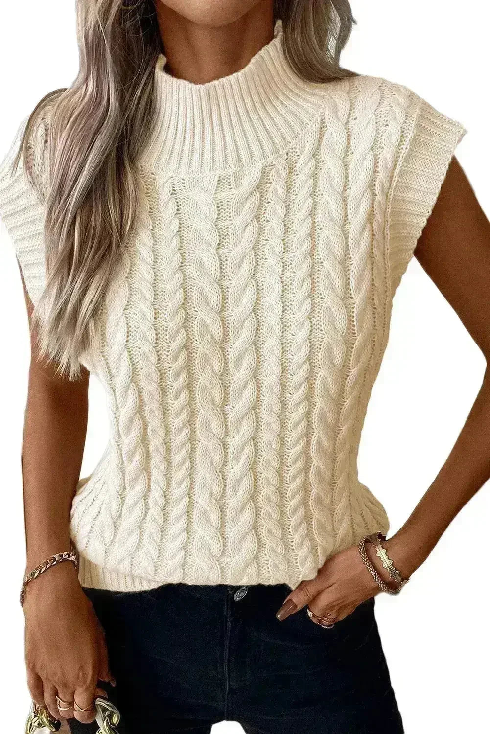 Cable Knit Sweater Vest – High Neck & Textured Oatmeal - Femstylo