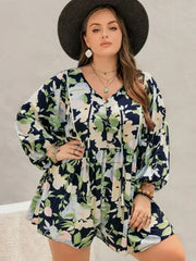 Plus Size Tied Printed Long Sleeve Romper - Femstylo
