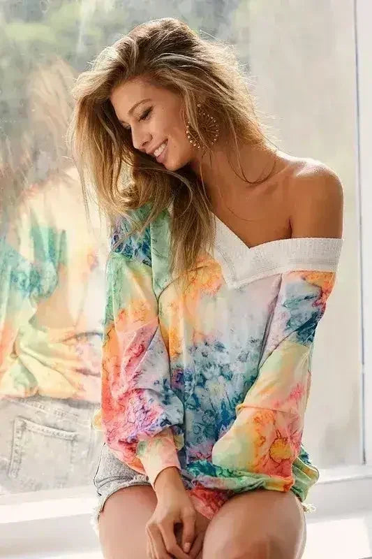 BiBi Tie Dye Soft Knit Jersey V-Neck Top | Femstylo - Femstylo