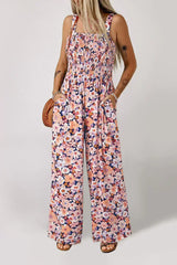 Purple Floral Square Neckline Stretch High Waist Jumpsuit - Femstylo