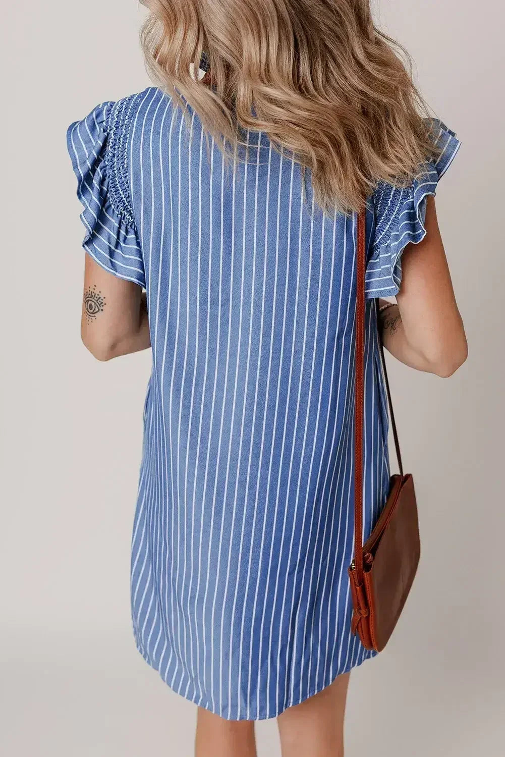 Sky Blue Stripe Frilly Split Neck Shirred Ruffle Sleeve Mini Shift Dress - Femstylo