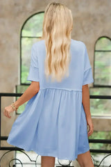 Sky Blue Solid Color Pocket Raw Edge Babydoll Dress - Femstylo