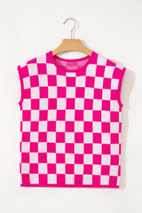 Rose Checkered Pattern Cap Sleeve Knitted Top