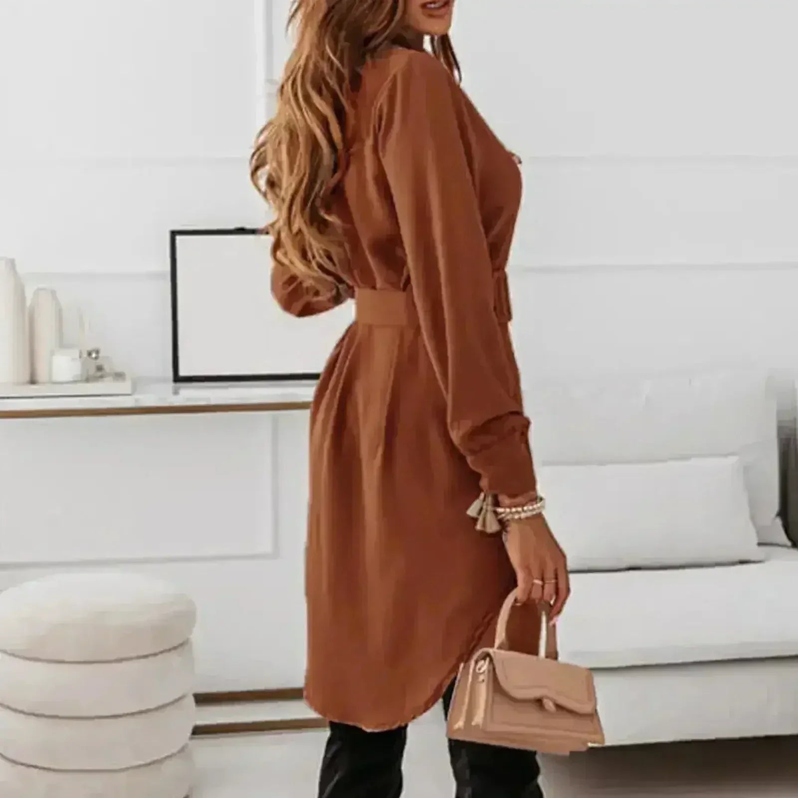 Knee-Length Casual A-Line Slim Fit Shirt Dress with Long Sleeves - Femstylo