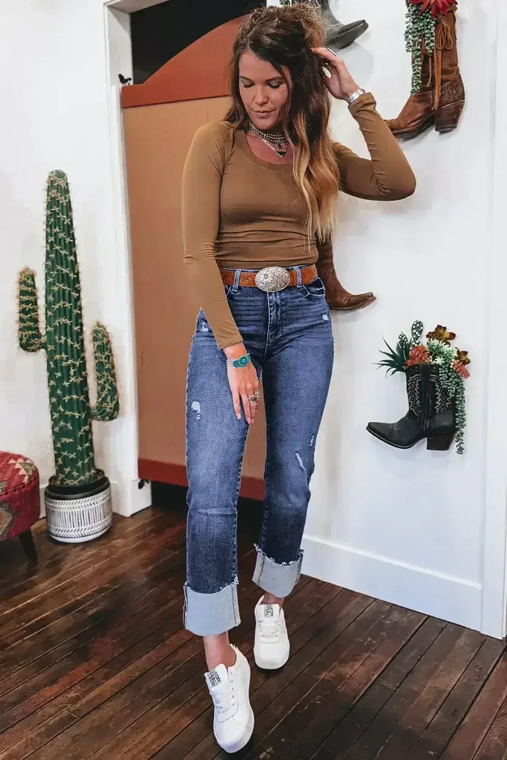 Real Teal Folded Cuffs Distressed High Waist Jeans - Femstylo