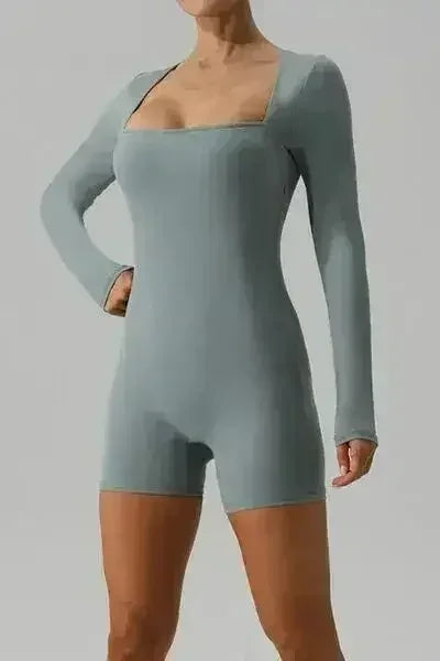 Square Neck Long Sleeve Active Romper - Femstylo