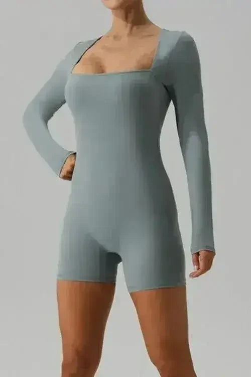 Square Neck Long Sleeve Active Romper - Femstylo