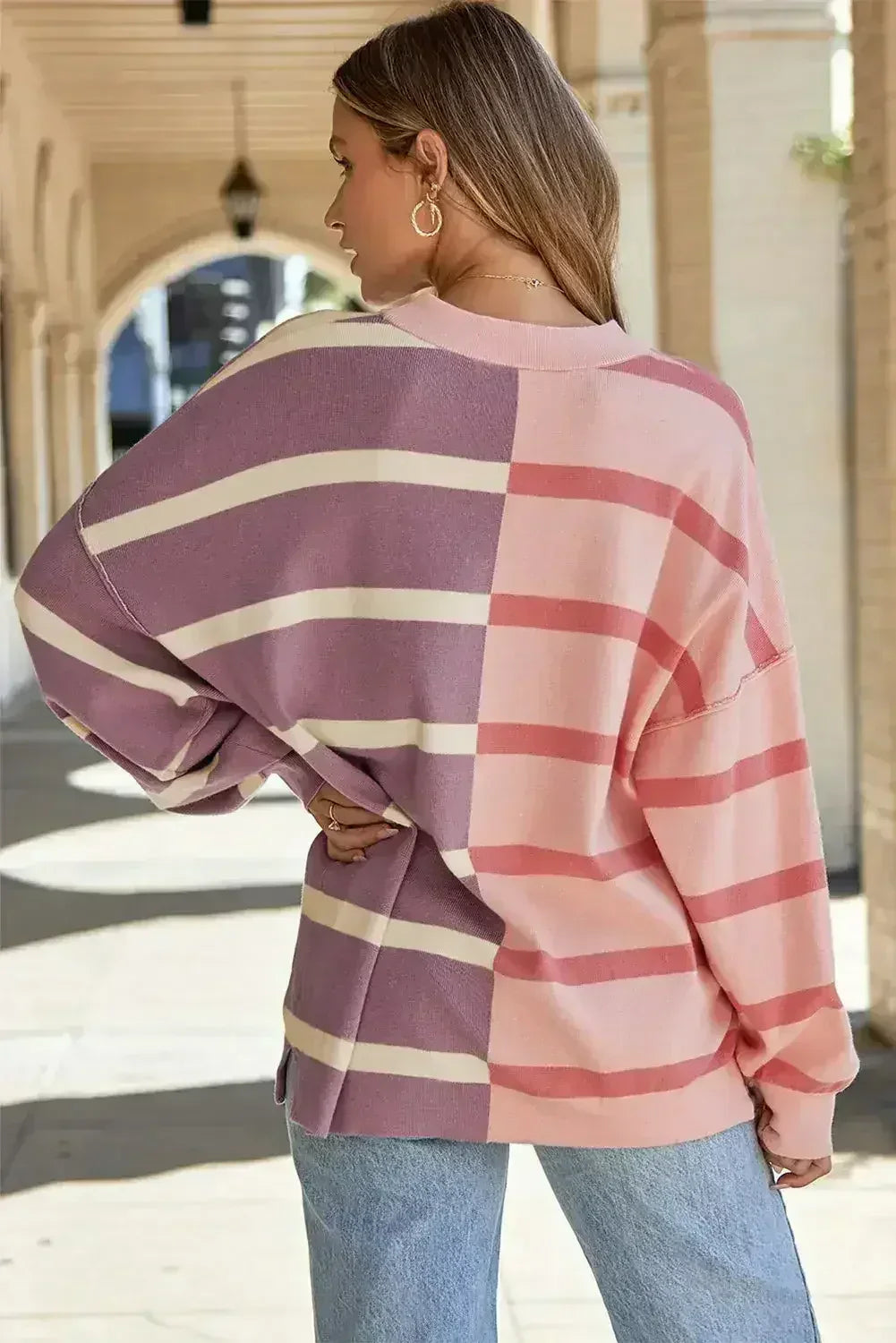 Pink Stripe Oversized Sweater - Colorblock Knit | Femstylo - Femstylo