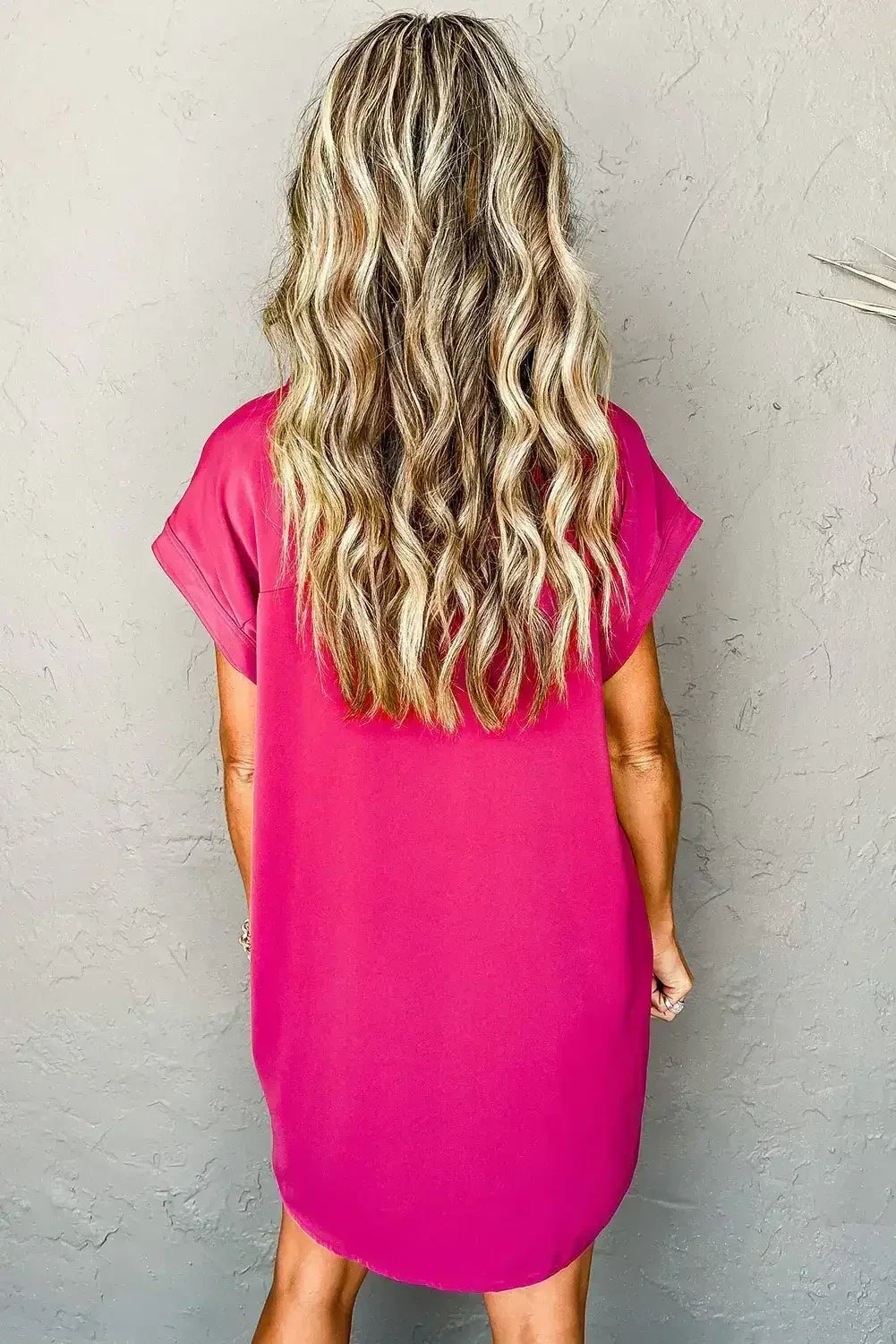 Rose Red Buttoned Collar Shift T Shirt Dress - Femstylo