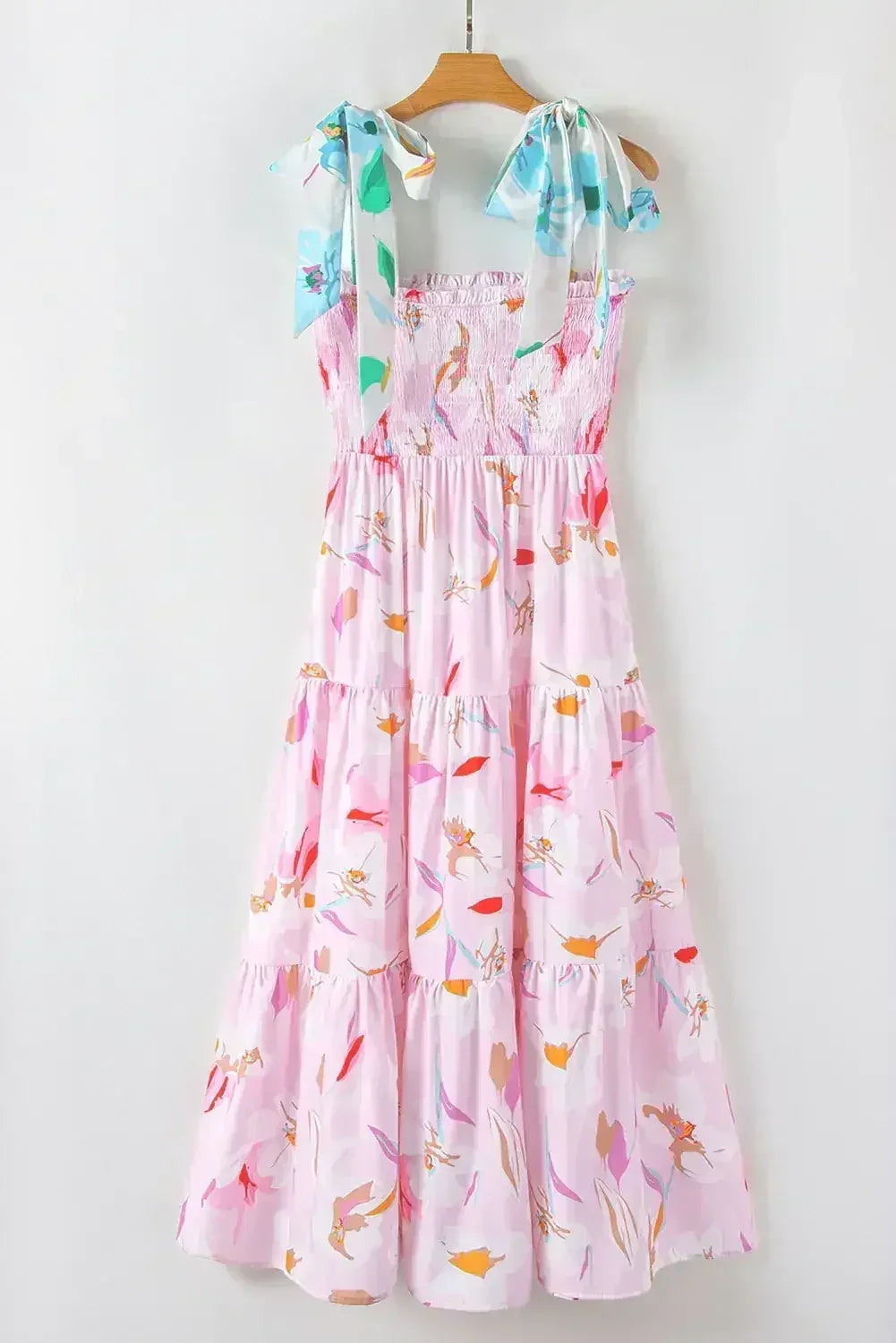 Pink Floral Print Knotted Shoulder Smocked Maxi Dress - Femstylo