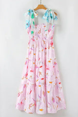 Pink Floral Print Knotted Shoulder Smocked Maxi Dress - Femstylo