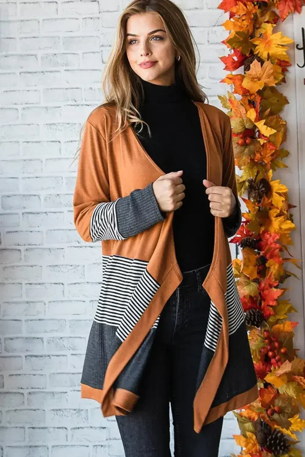 Orange Colorblock Striped Patchwork Open Cardigan - Femstylo
