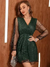 Glitter Surplice Long Sleeve Mini Dress - Femstylo