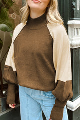 Desert Palm Colorblock Raglan Puff Sleeve Mock Neck Sweater