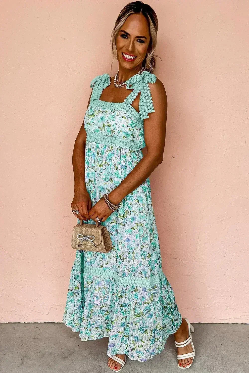 Green Floral Lace Tied Strap Empire Waist Maxi Dress - Femstylo