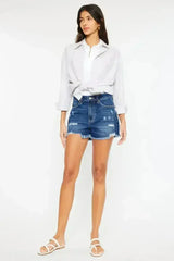 Kancan High Rise Frayed Hem Denim Shorts - Femstylo