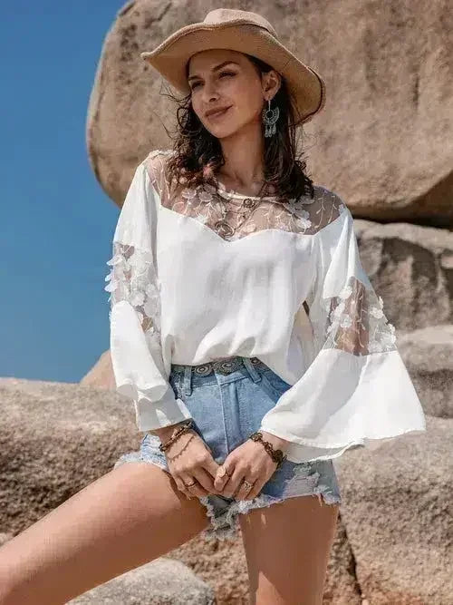White Lace Round Neck Long Sleeve Blouse | Femstylo - Femstylo