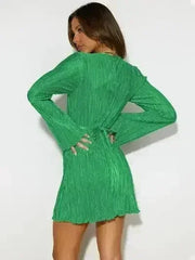 Tied Plunge Flare Sleeve Mini Dress - Femstylo