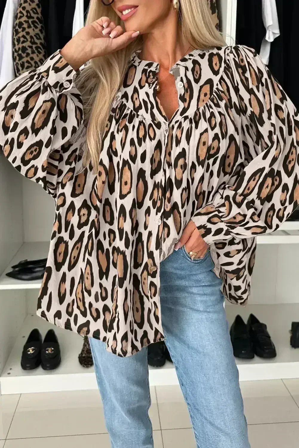 Light Leopard Print Balloon Sleeve Loose Blouse | Femstylo - Femstylo