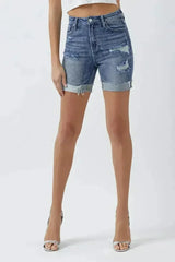 RISEN Full Size Distressed Rolled Denim Shorts with Pockets - Femstylo
