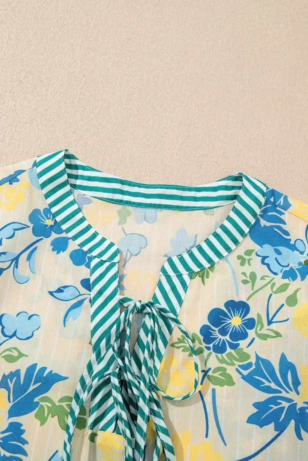 Blue Floral Print Striped Trim Puff Sleeve Mini Dress - Femstylo