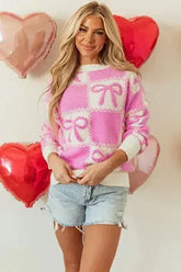 Pink Bow Knot Two Tone Checkered Crew Neck Sweater - Femstylo
