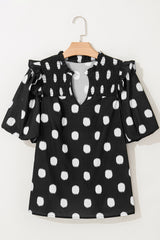 Black Polka Dot Print Smocked Notched Neck Balloon Sleeve Blouse