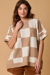 Light French Beige Checkered Pattern Loose Short Sleeve Sweater